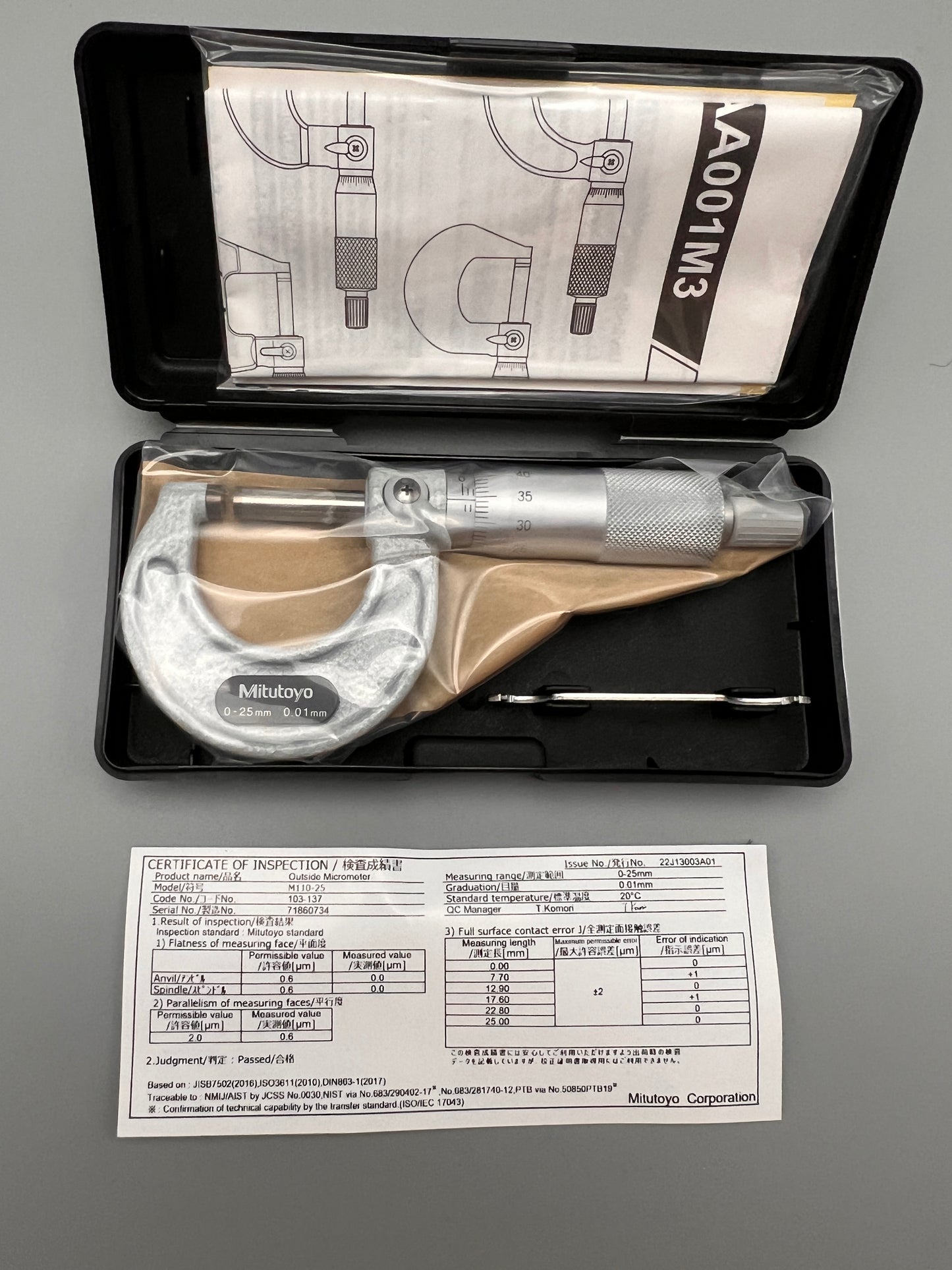 Mitutoyo Outside Micrometer - 0-25mm x 0.01mm