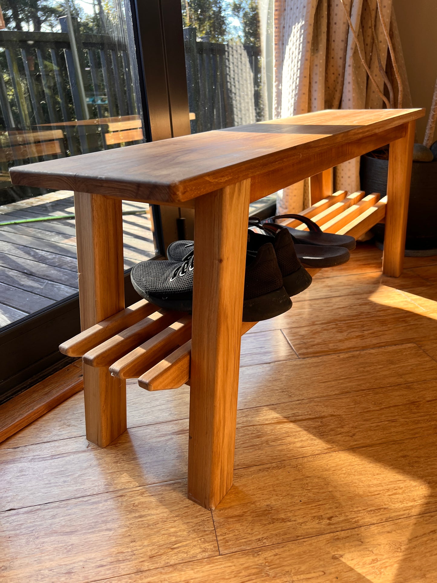 Handcrafted Teak Bench Seat with Shoe Rack - NZ Made