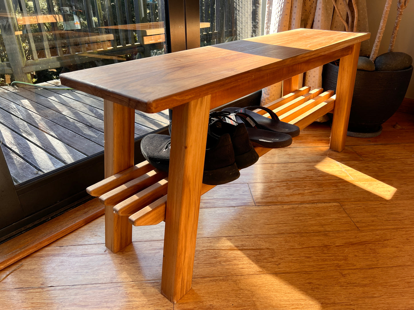 Handcrafted Teak Bench Seat with Shoe Rack - NZ Made