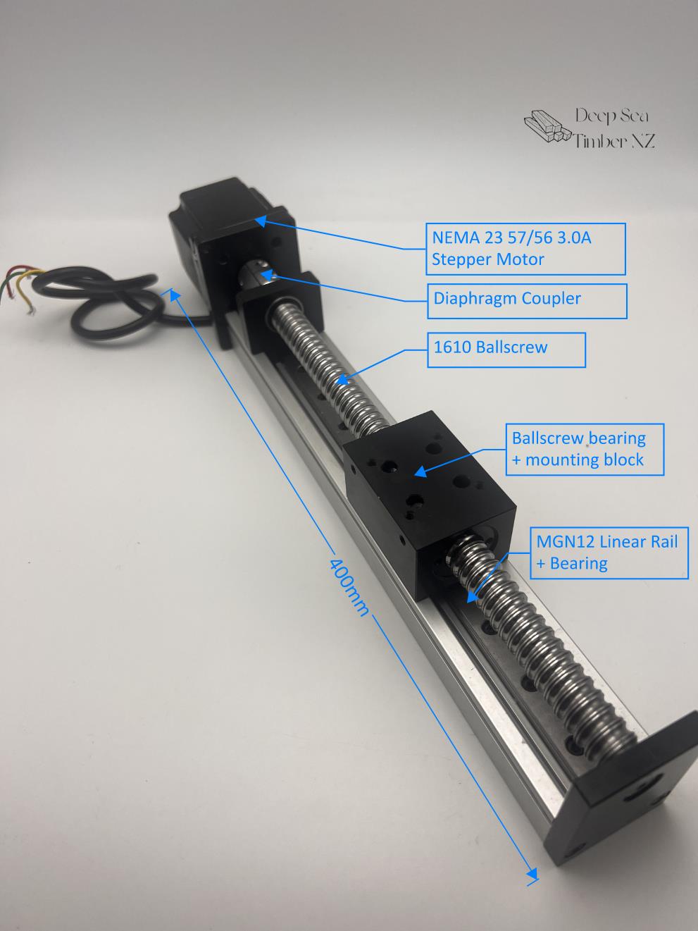 200mm Linear Rail Assembly - MGN15 Rail + 1610 Ballscrew + Nema23 Stepper